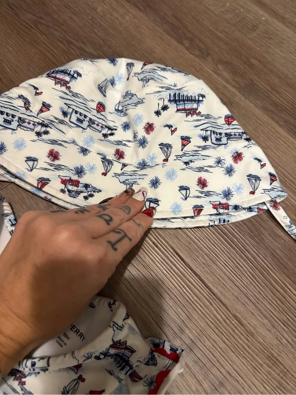 Long-Sleeve Swim Set in Cream with Red & Blue Nautical Print- 18month- nwot